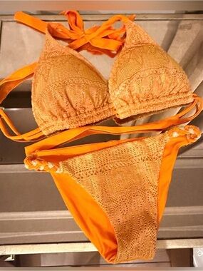 Luli fama Crochet Triangle String Bikini Set - Gold and Orange
